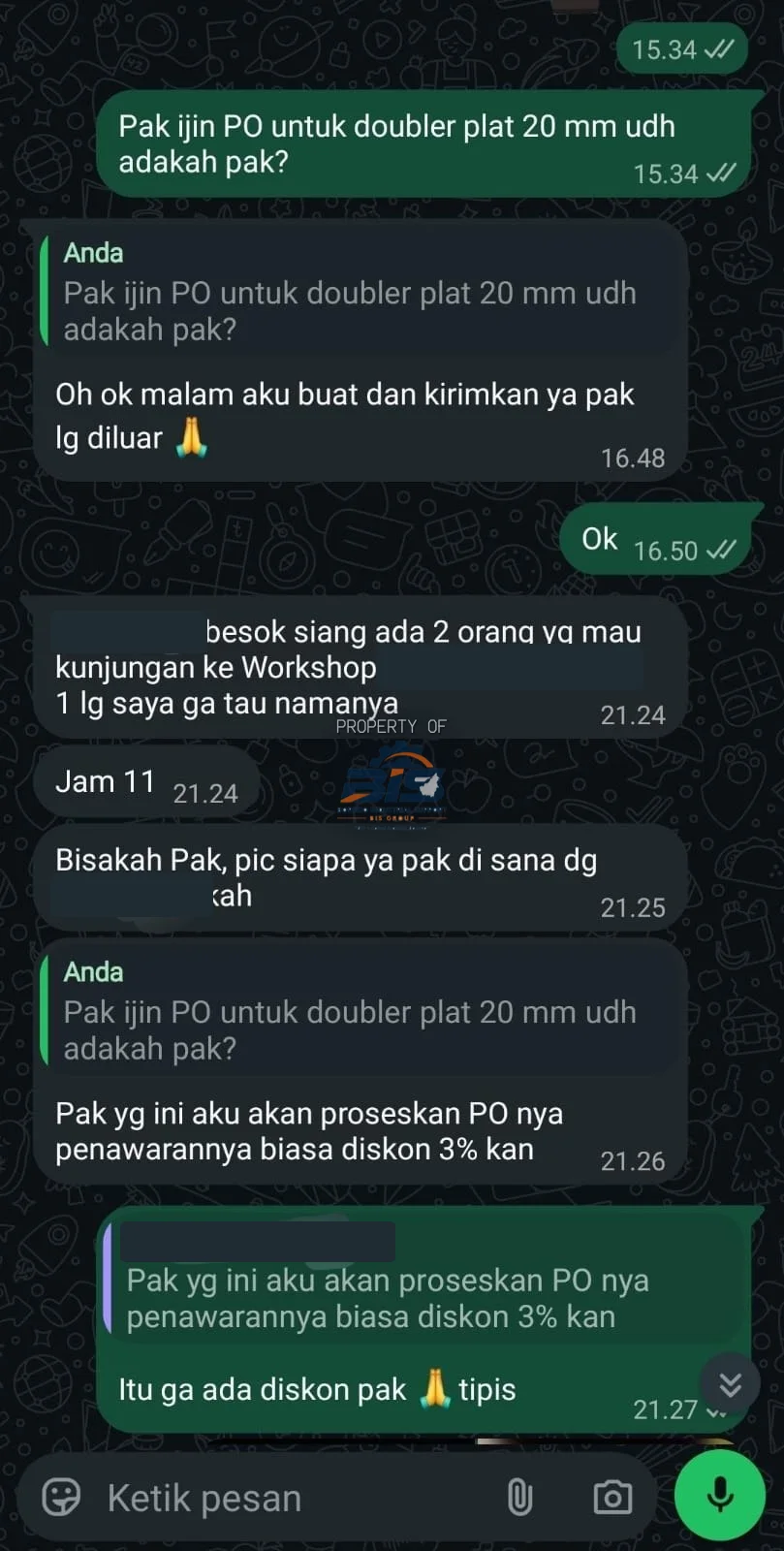 PO & kunjungan workshop — tangkapan layar transaksi, identitas disamarkan