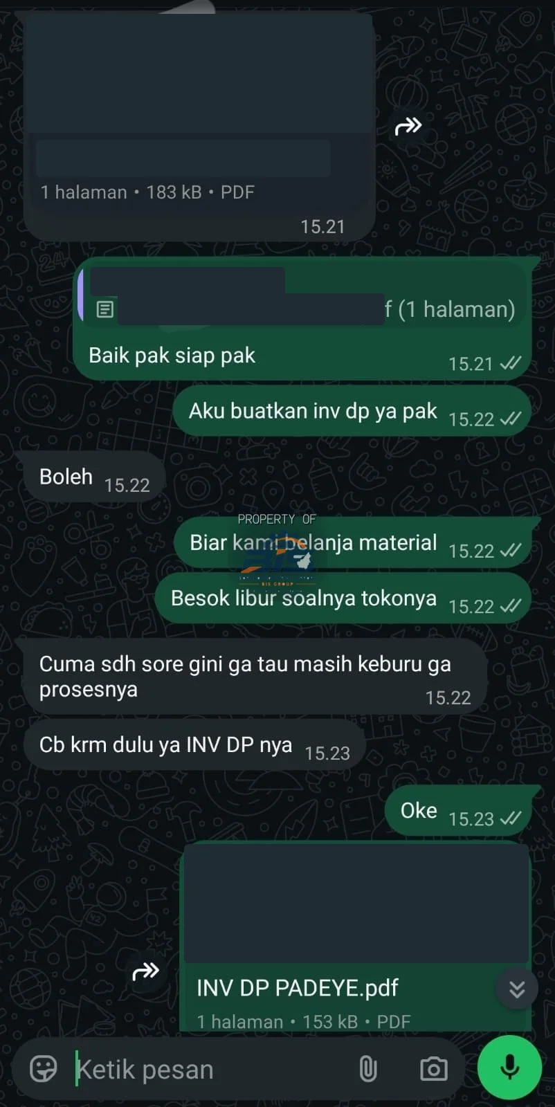 PO diterima, invoice DP — tangkapan layar transaksi, identitas disamarkan