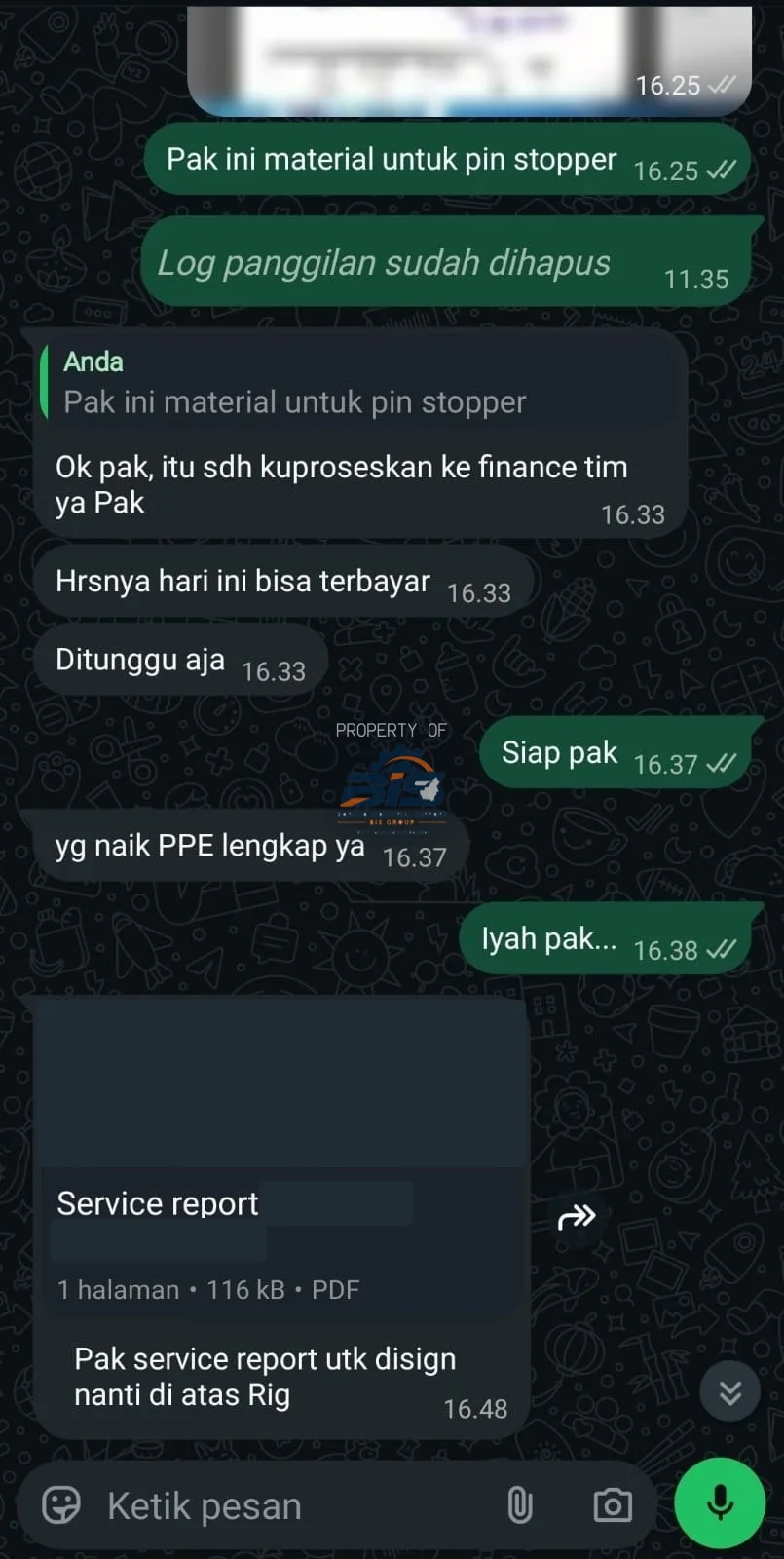 Pembayaran & service report — tangkapan layar transaksi, identitas disamarkan