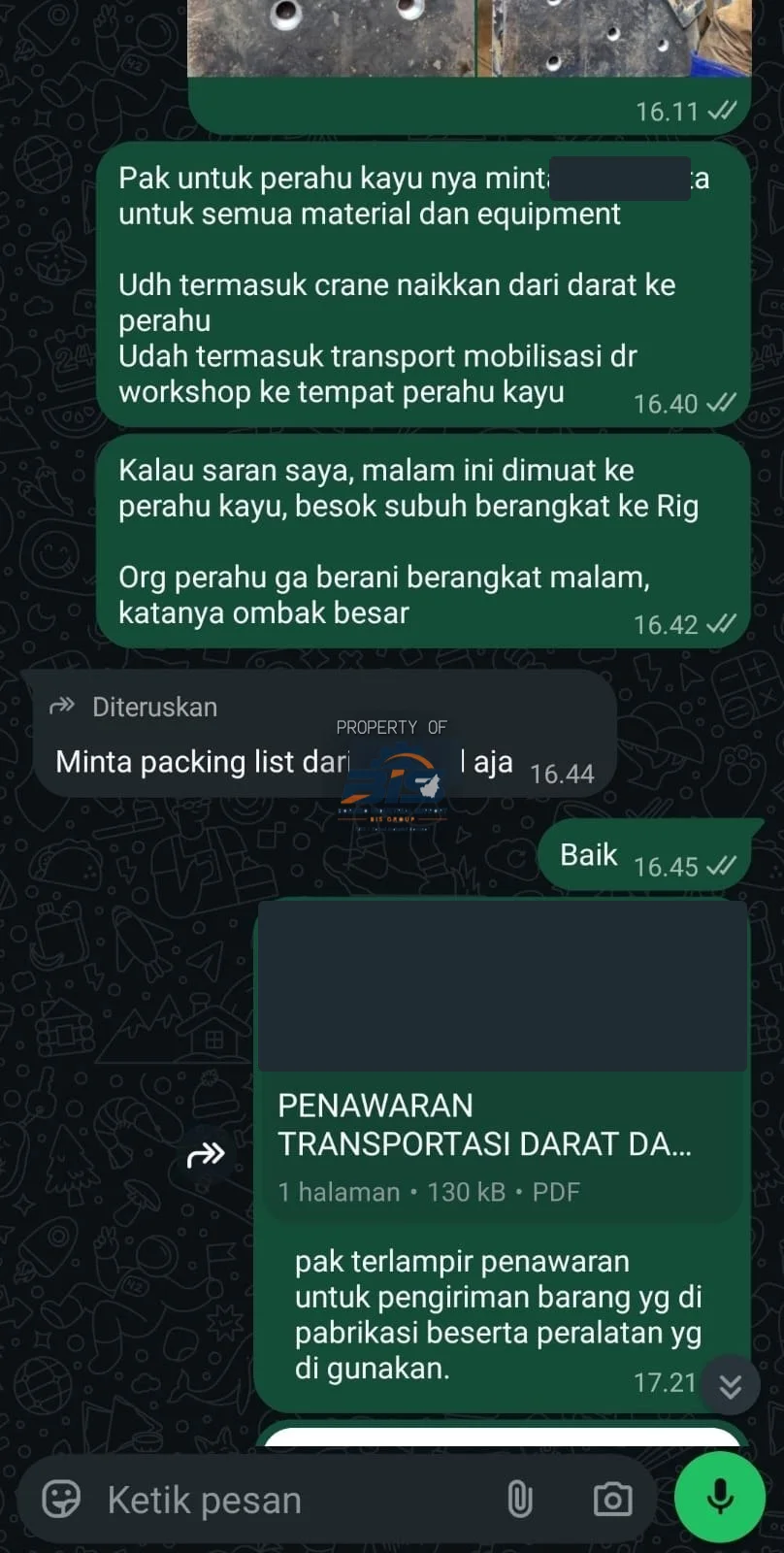 Pengiriman ke rig — tangkapan layar transaksi, identitas disamarkan